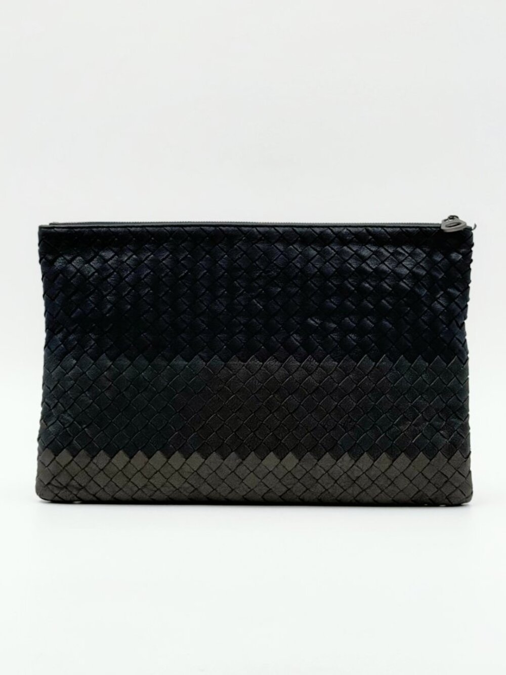 Bottega Veneta Intrecciato Woven Leather Zip Clutch Pouch Gray Black